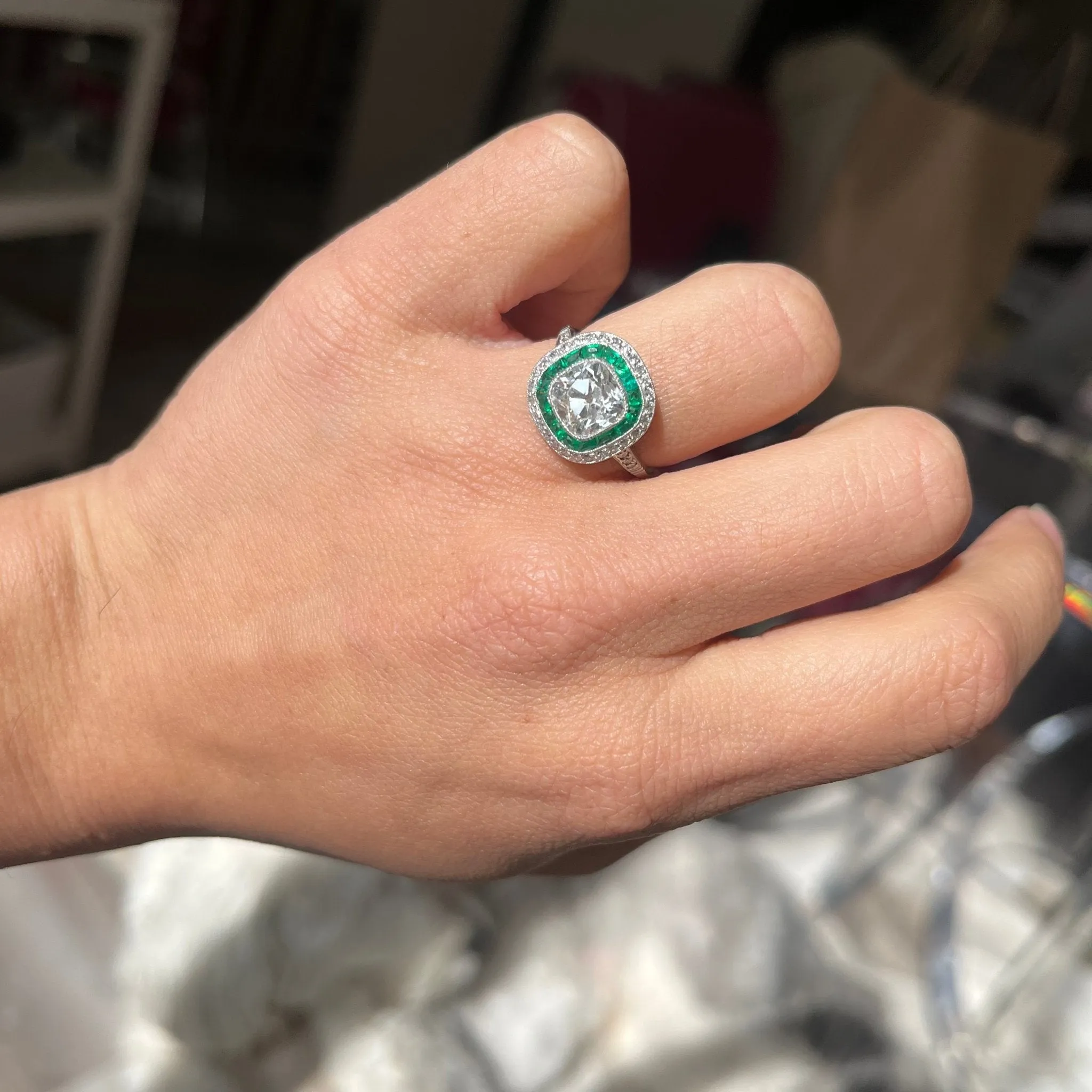 1.90ct Old Mine Cut Diamond Emerald Target Ring, GIA K SI1