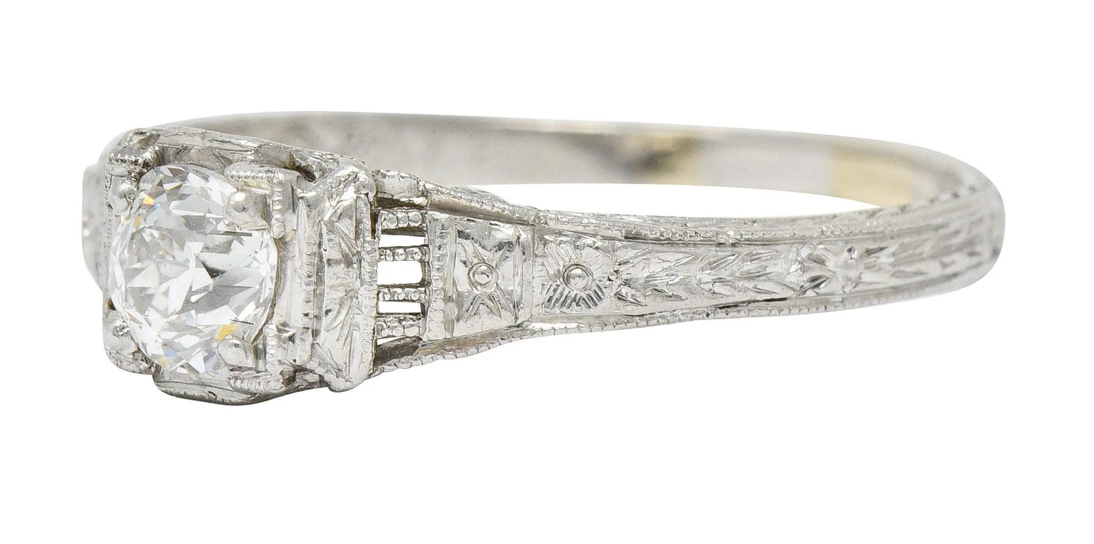 1920's Art Deco 0.38 CTW Old European Diamond Foliate Engagement Ring