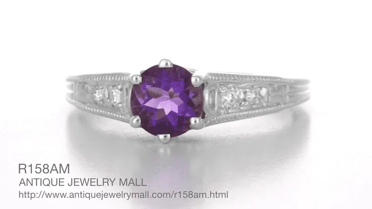 1920's Art Deco Filigree Amethyst Engagement Ring with Diamonds in 14K White Gold