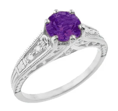 1920's Art Deco Filigree Amethyst Engagement Ring with Diamonds in 14K White Gold