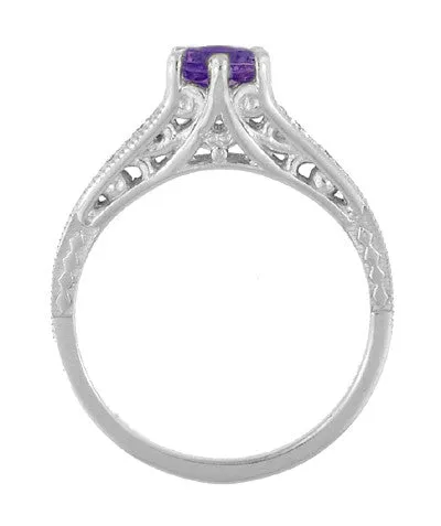 1920's Art Deco Filigree Amethyst Engagement Ring with Diamonds in 14K White Gold