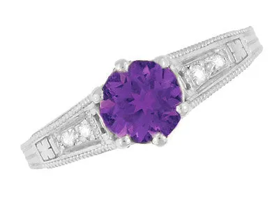 1920's Art Deco Filigree Amethyst Engagement Ring with Diamonds in 14K White Gold