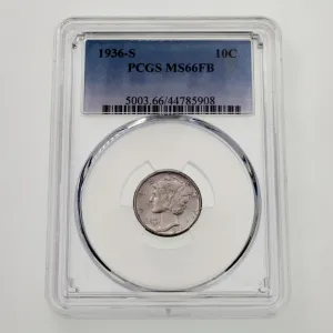 1936-S 10C Mercury Dime Graded by PCGS as MS66FB Full Bands!