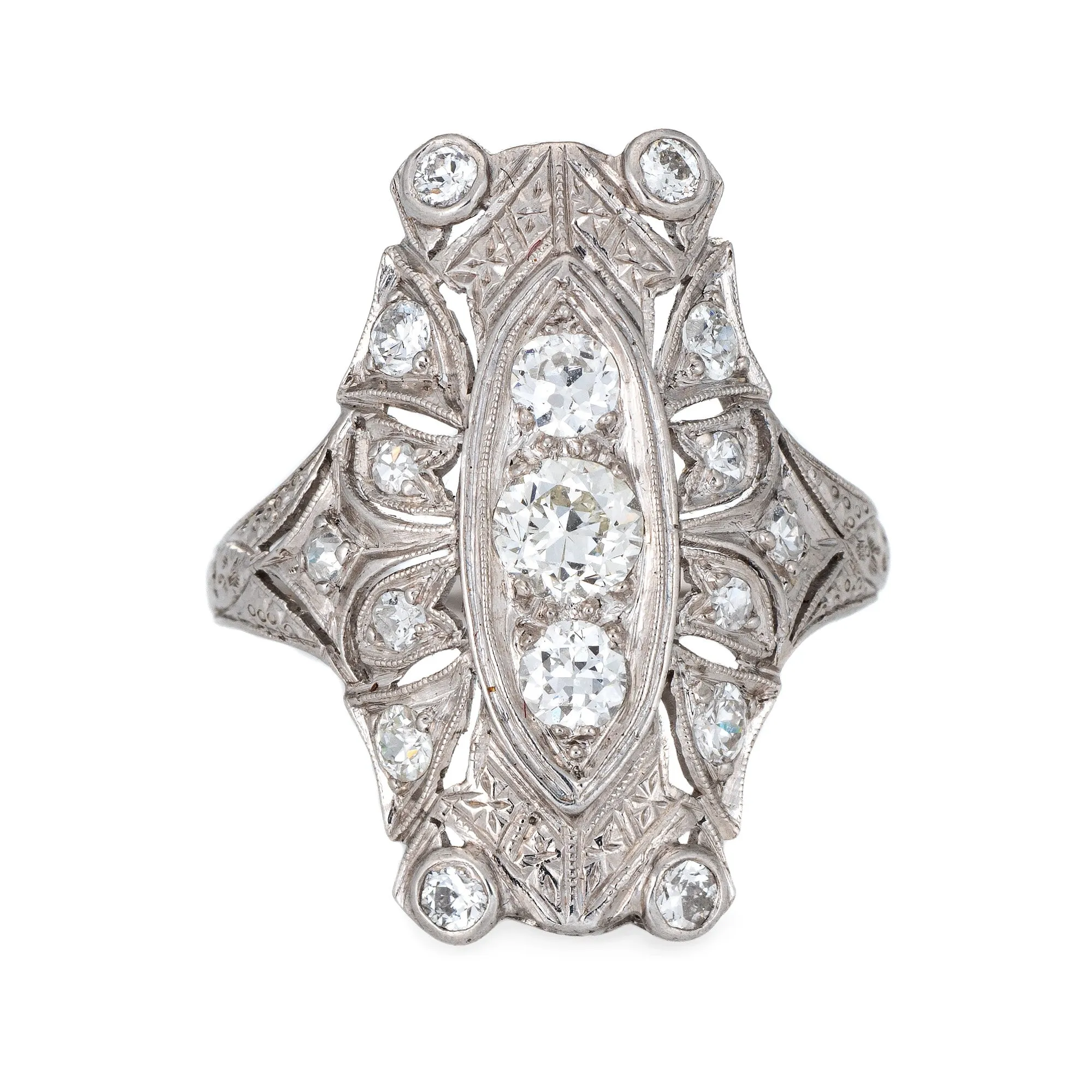 1ct Art Deco Diamond Ring Platinum Vintage Long Square Plaque Antique Jewelry 6