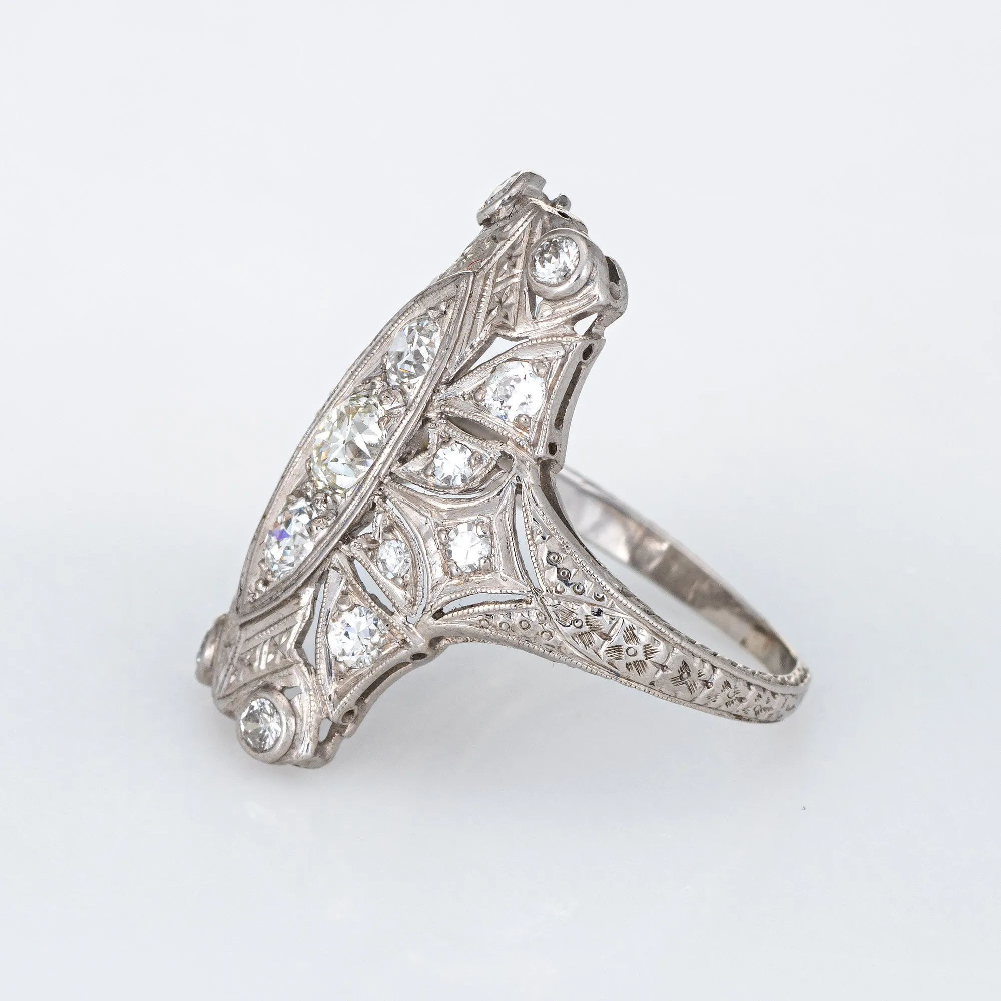 1ct Art Deco Diamond Ring Platinum Vintage Long Square Plaque Antique Jewelry 6