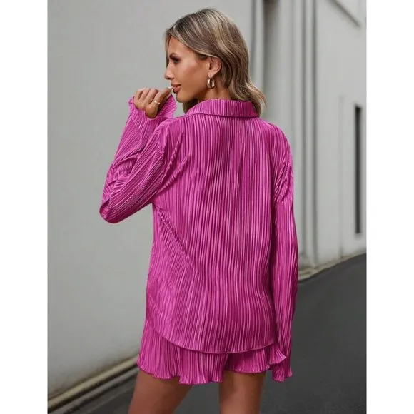 2 piece set shorts &amp; button down shirt accordion pleated black