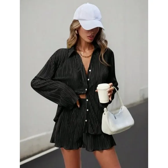 2 piece set shorts &amp; button down shirt accordion pleated black
