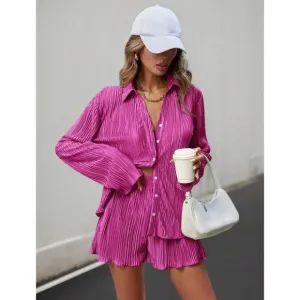 2 piece set shorts &amp; button down shirt accordion pleated hot pink
