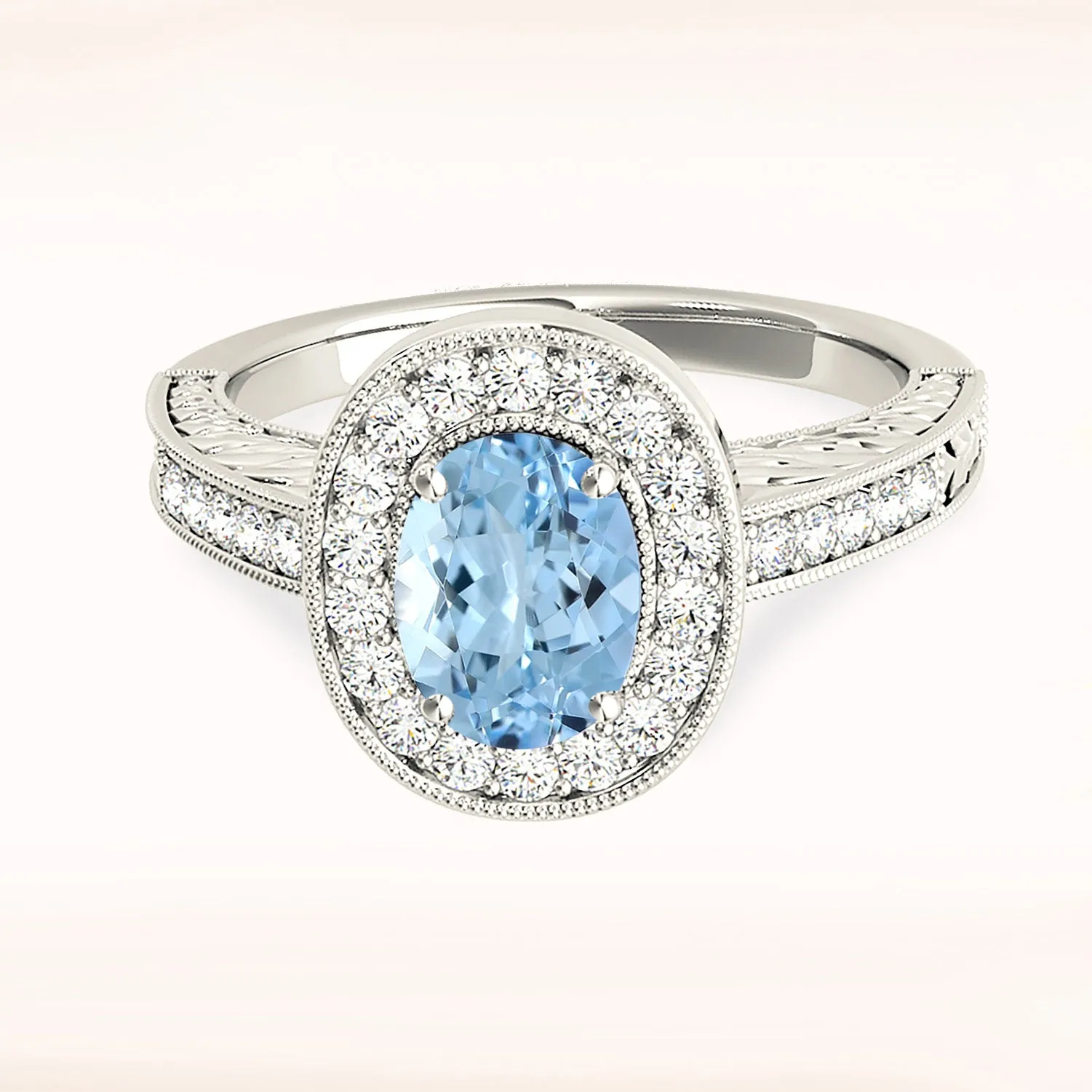 2.00 ct. Genuine Oval Aquamarine Ring With Milgrain Halo And Filigree Diamond Band