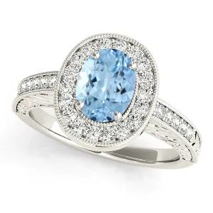 2.00 ct. Genuine Oval Aquamarine Ring With Milgrain Halo And Filigree Diamond Band
