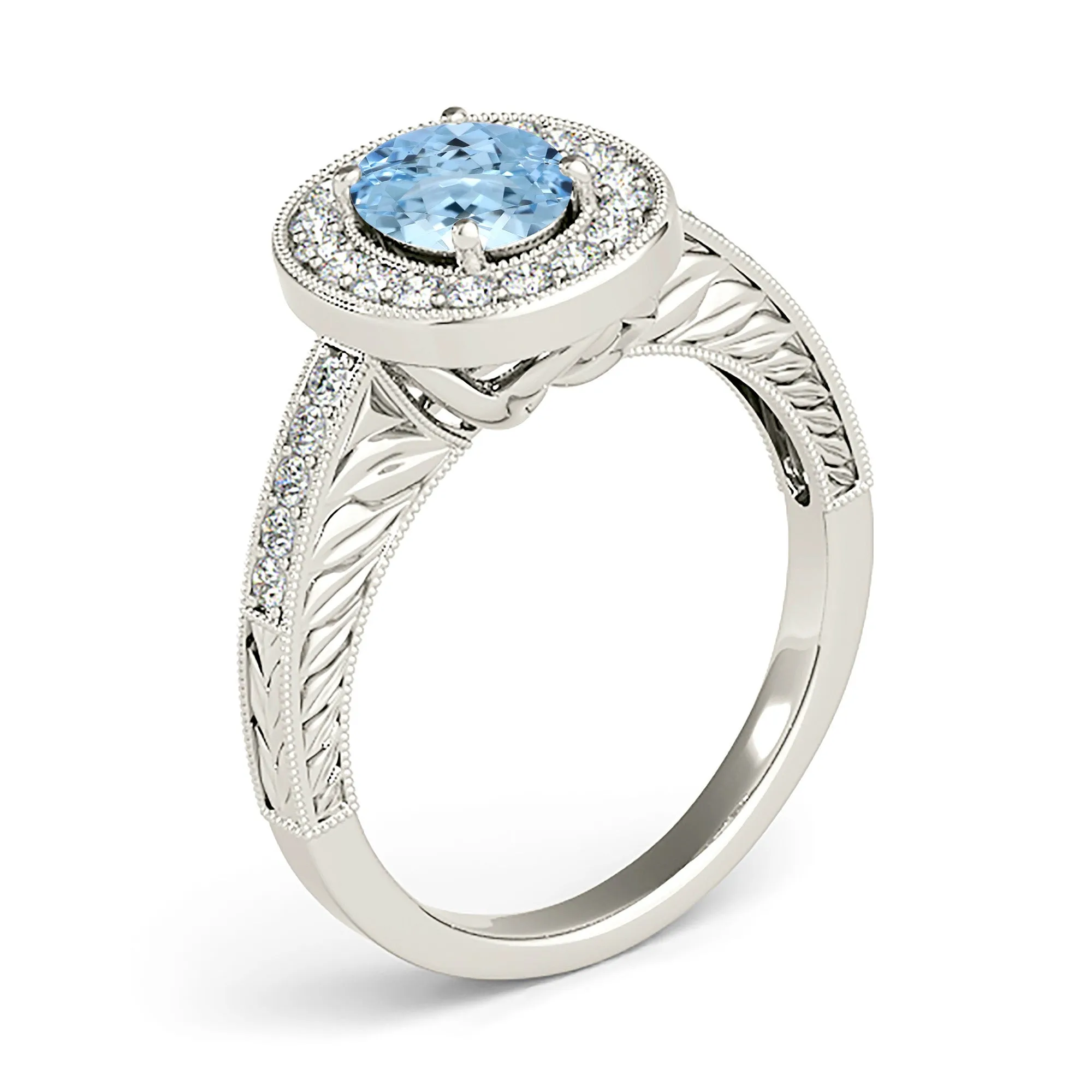 2.00 ct. Genuine Oval Aquamarine Ring With Milgrain Halo And Filigree Diamond Band