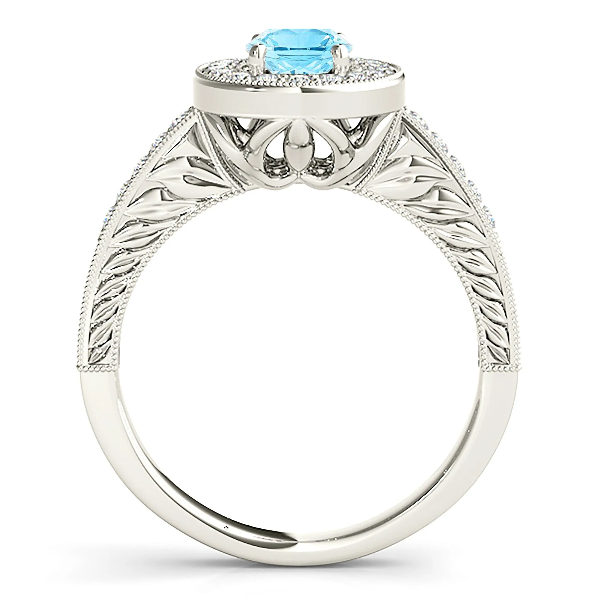 2.00 ct. Genuine Oval Aquamarine Ring With Milgrain Halo And Filigree Diamond Band