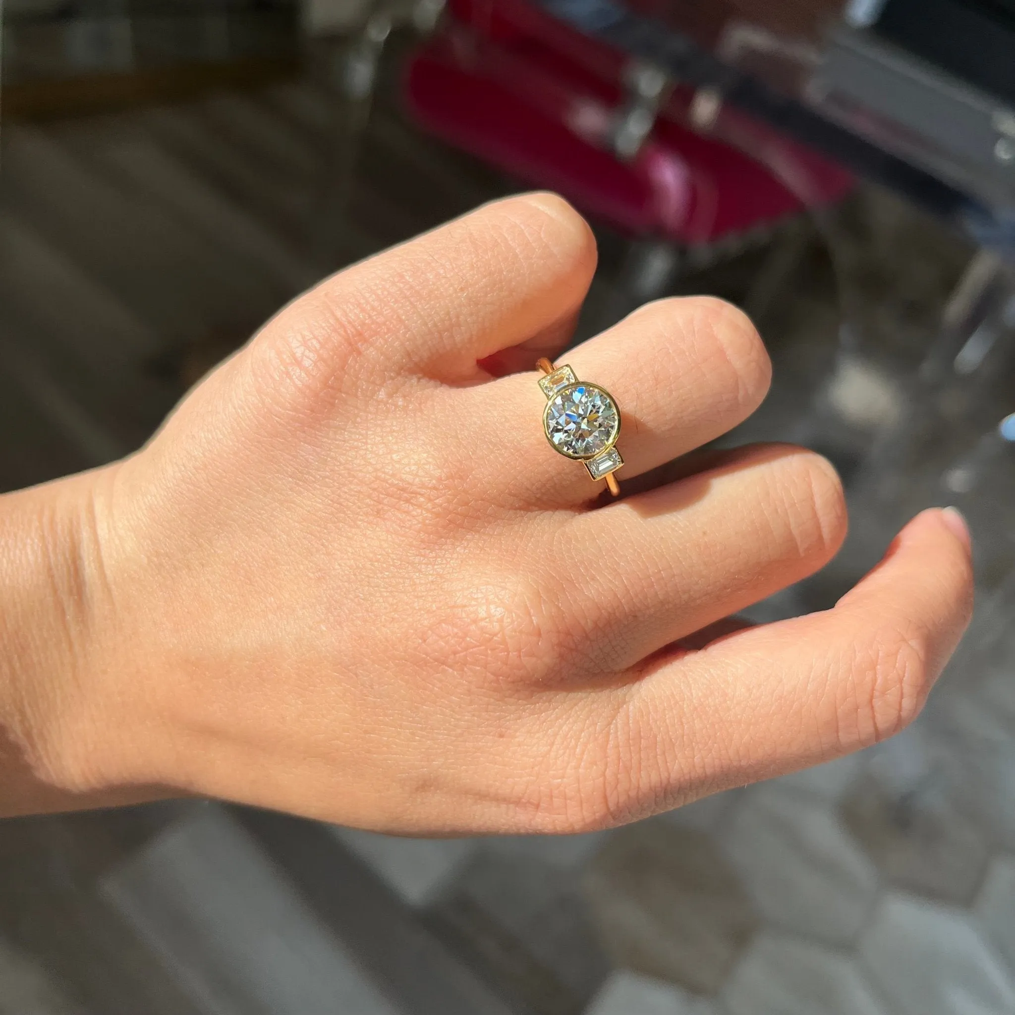 2.34ctw Old European & Emerald Cut Diamond Trilogy Ring