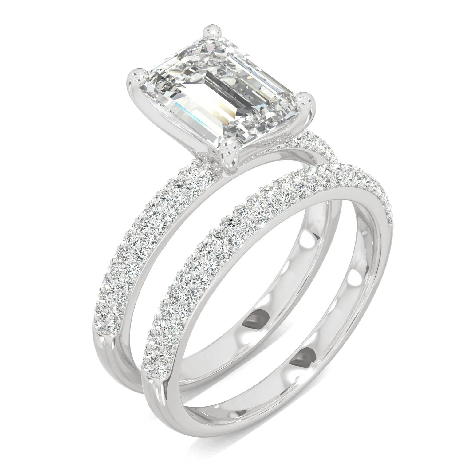 2.96 CTW DEW Emerald Moissanite Side-Stone Bridal Set in 14K White Gold