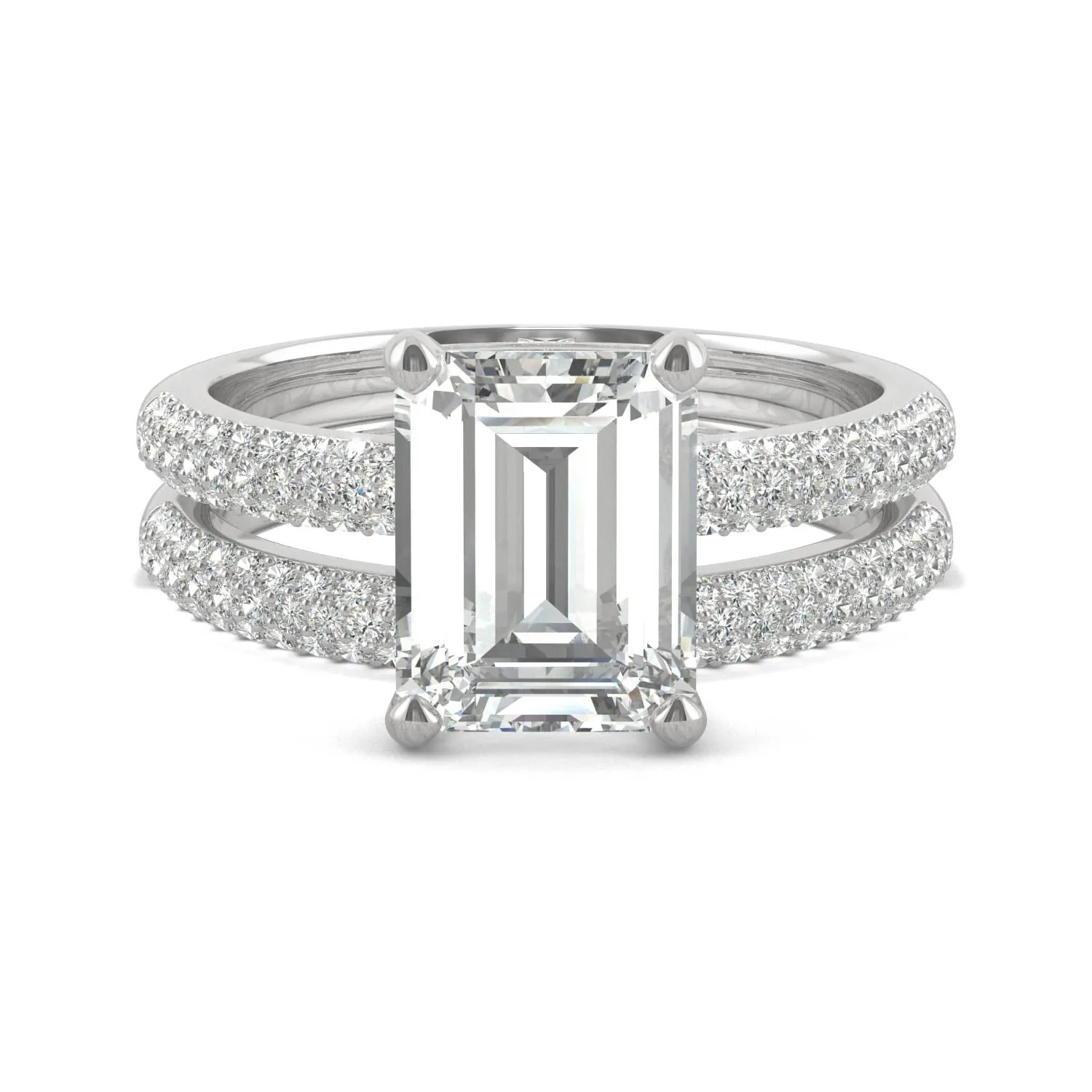 2.96 CTW DEW Emerald Moissanite Side-Stone Bridal Set in 14K White Gold