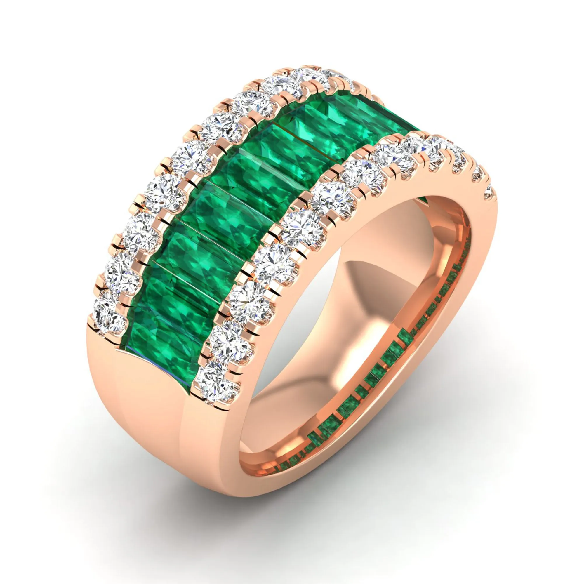 3-Row Baguette Emerald and Diamond Ring