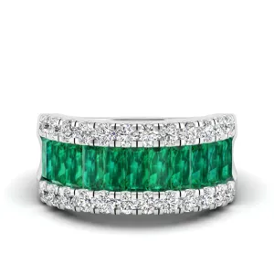 3-Row Baguette Emerald and Diamond Ring