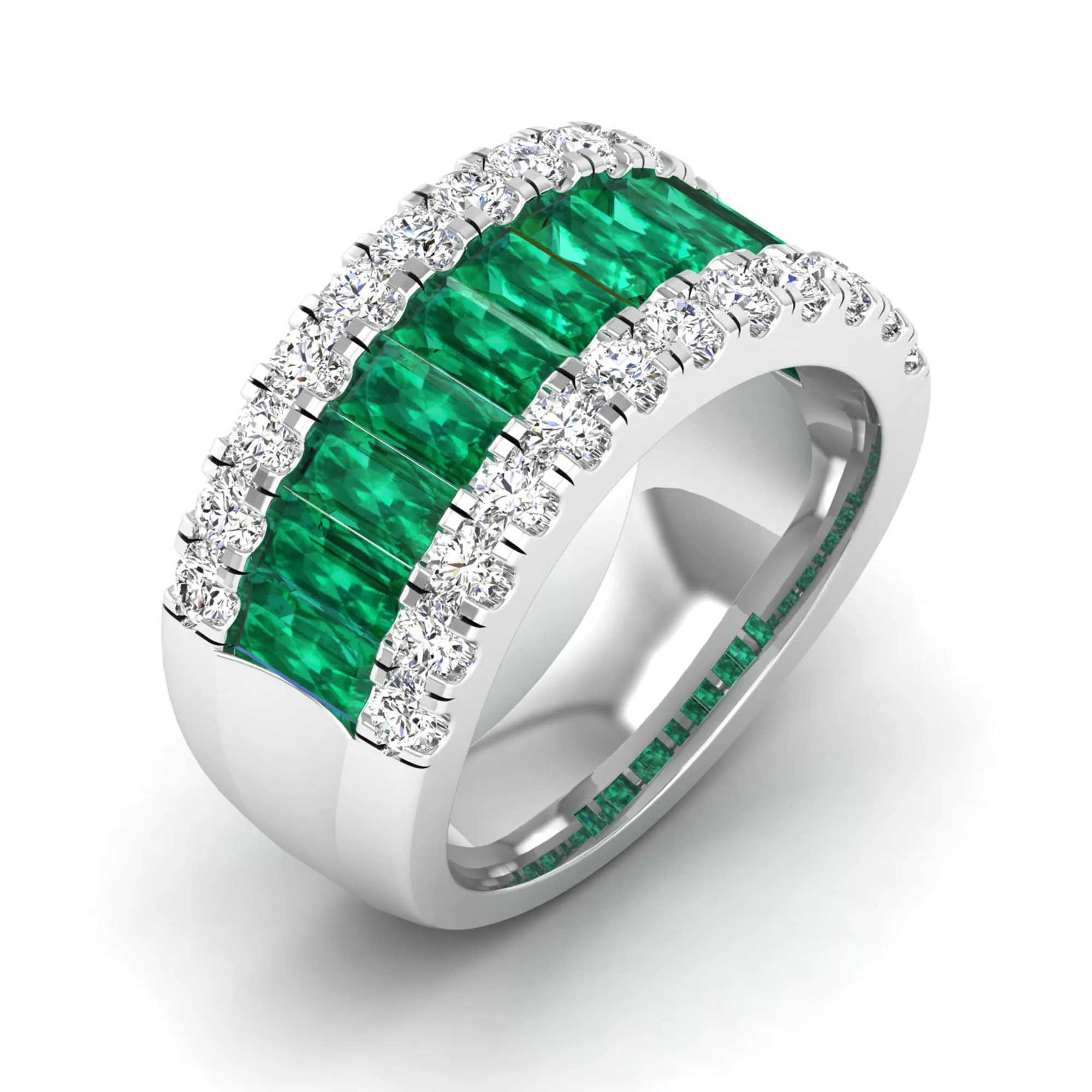 3-Row Baguette Emerald and Diamond Ring