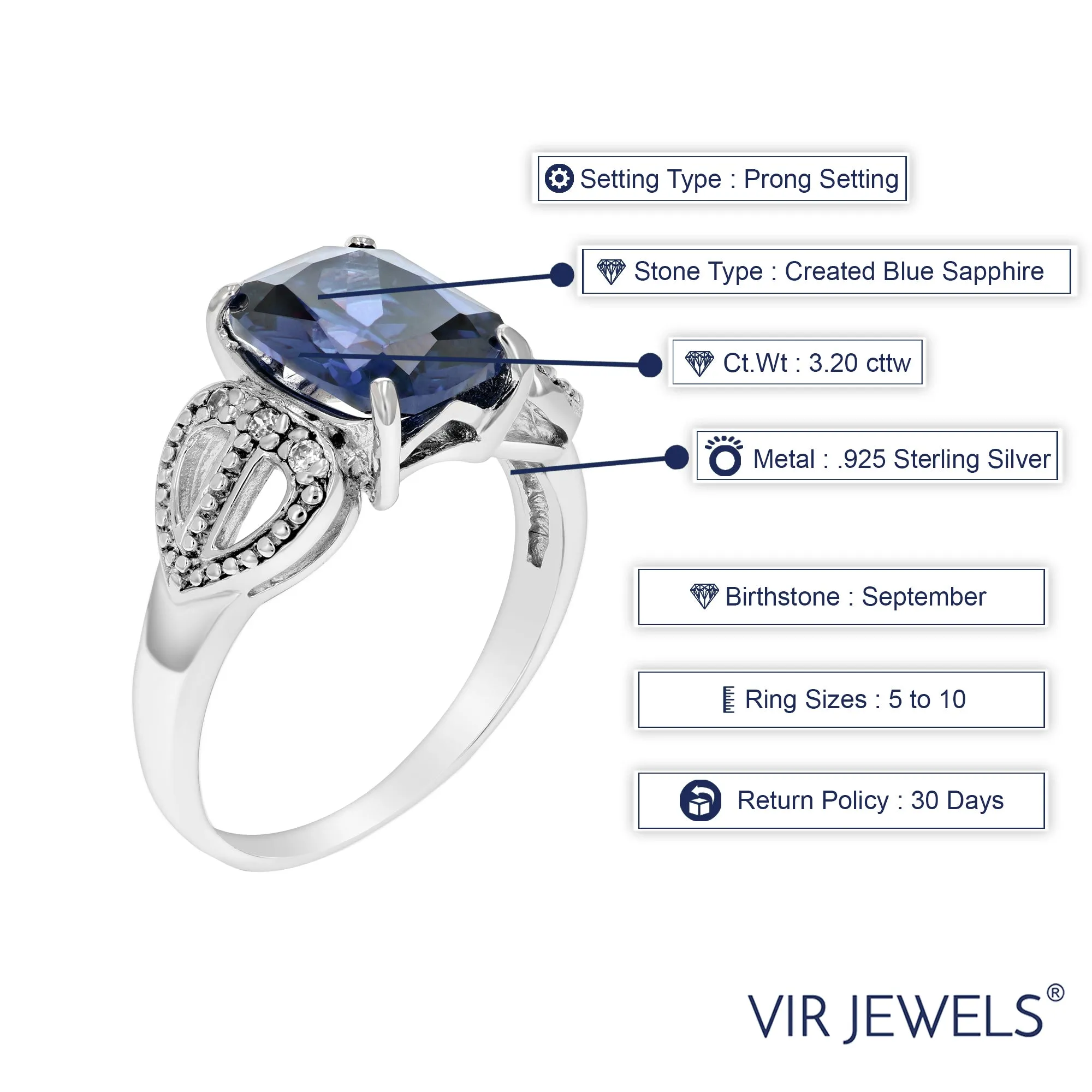 3.20 cttw Created Blue Sapphire Ring .925 Sterling Silver Emerald Cut 10x8 MM Size 7