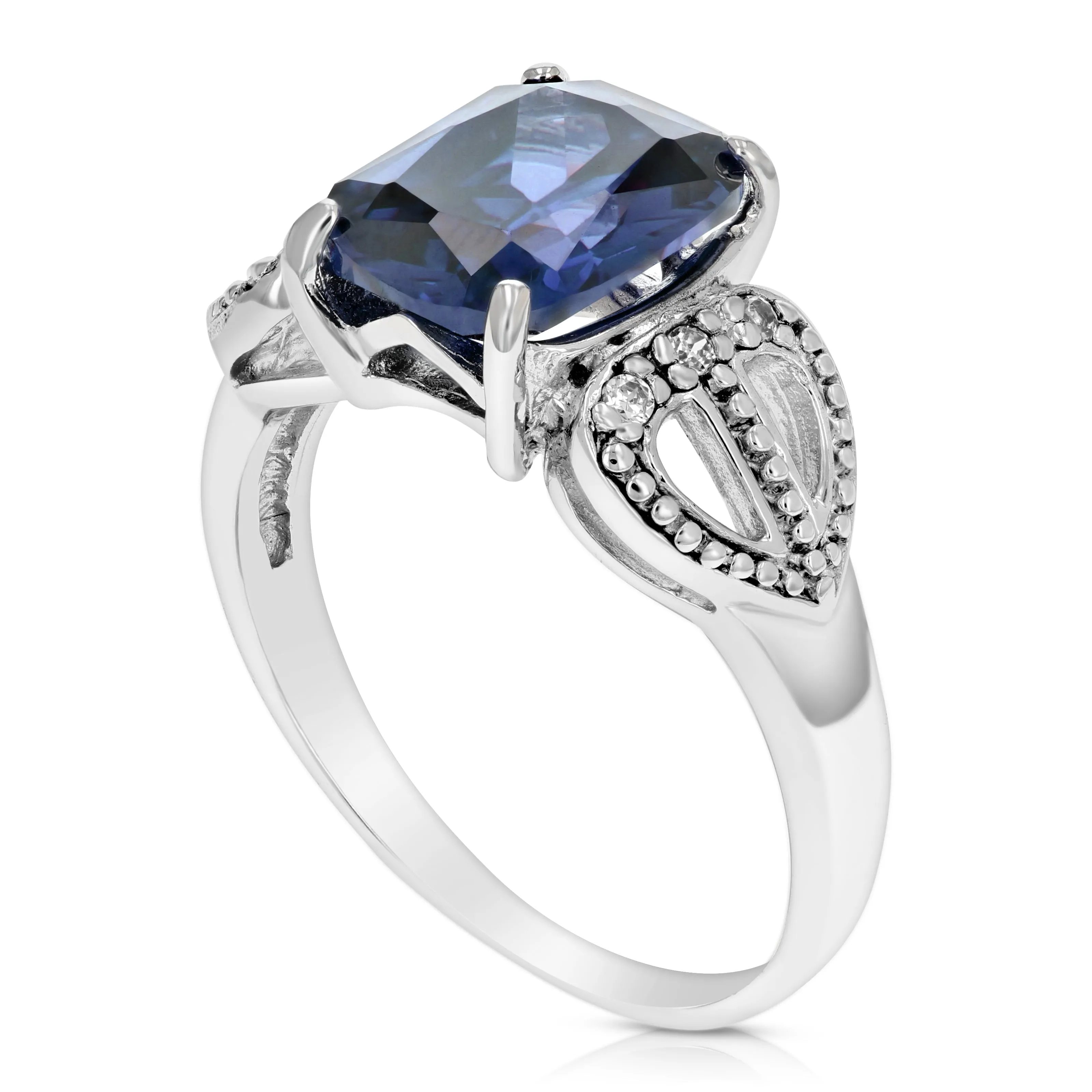 3.20 cttw Created Blue Sapphire Ring .925 Sterling Silver Emerald Cut 10x8 MM Size 7