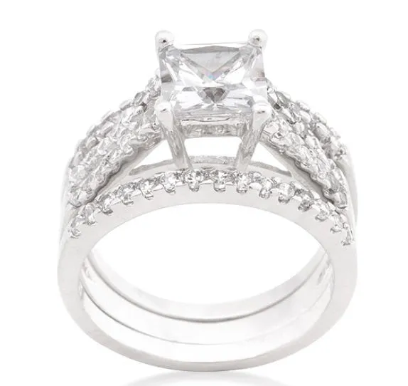 3.75C Princess Cut Wedding Ring Set Engagement Diamond Simulated 925 Sterling Silver Platinum ep CZ