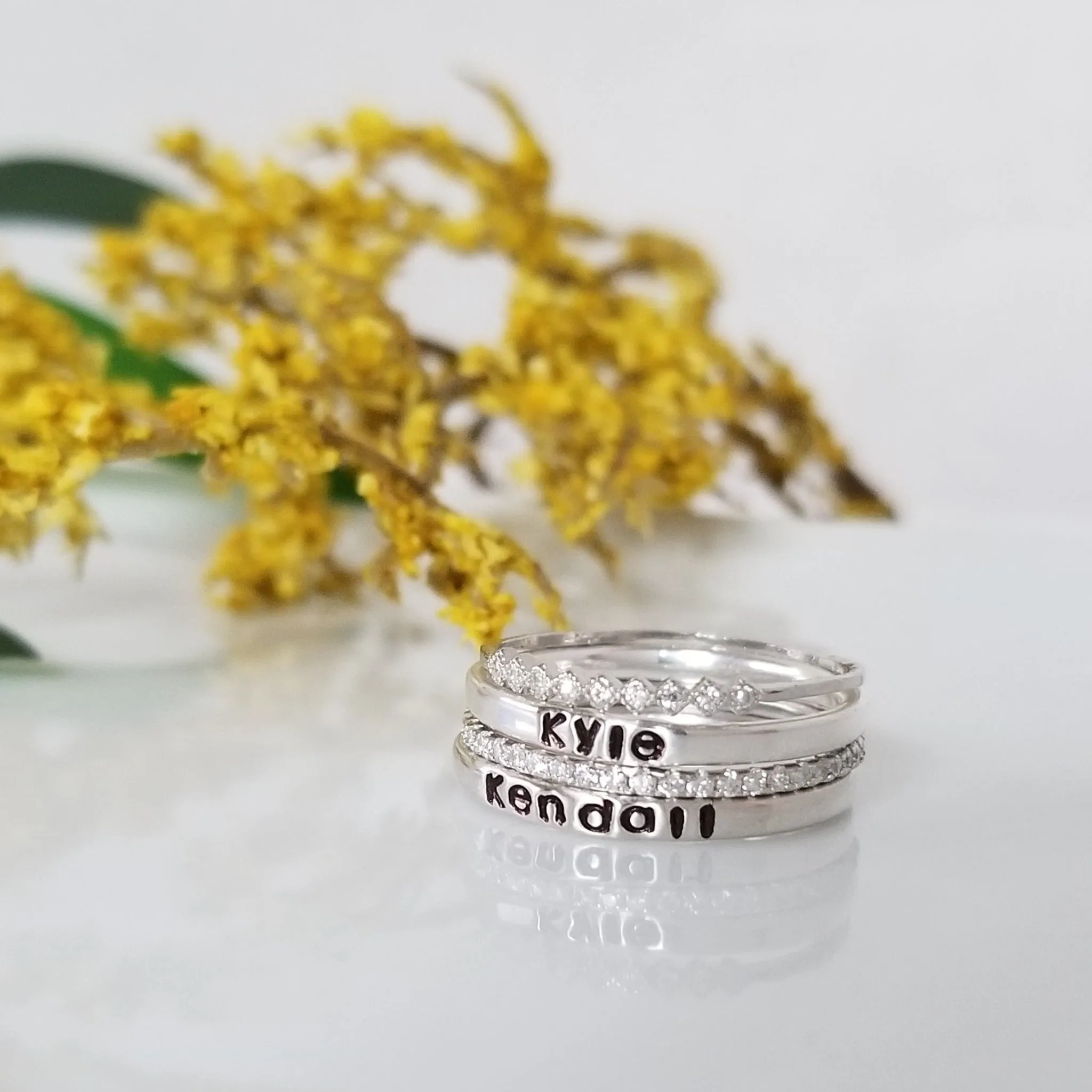 3pc Thin Name Ring and CZ Stacking Set - Sterling Silver