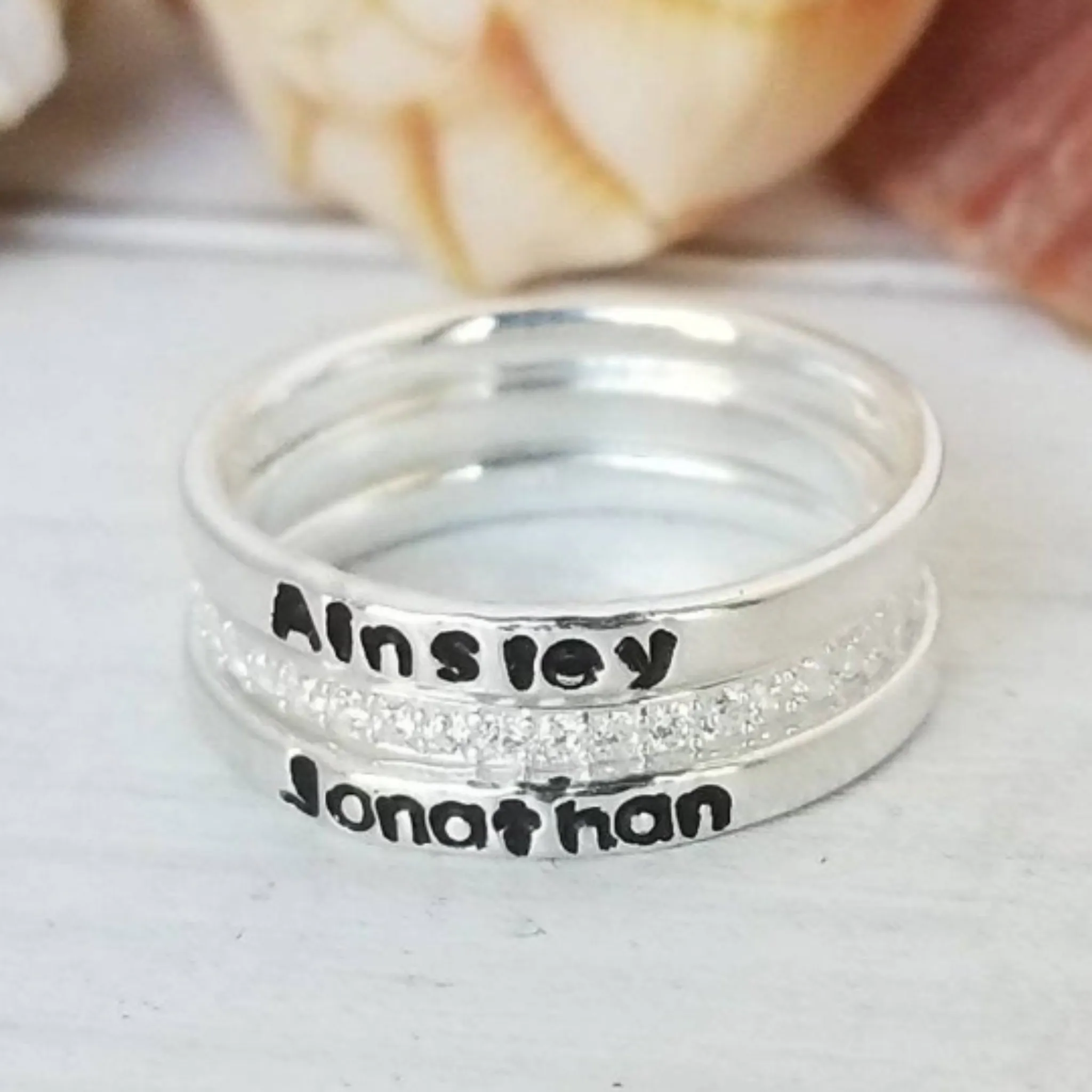 3pc Thin Name Ring and CZ Stacking Set - Sterling Silver
