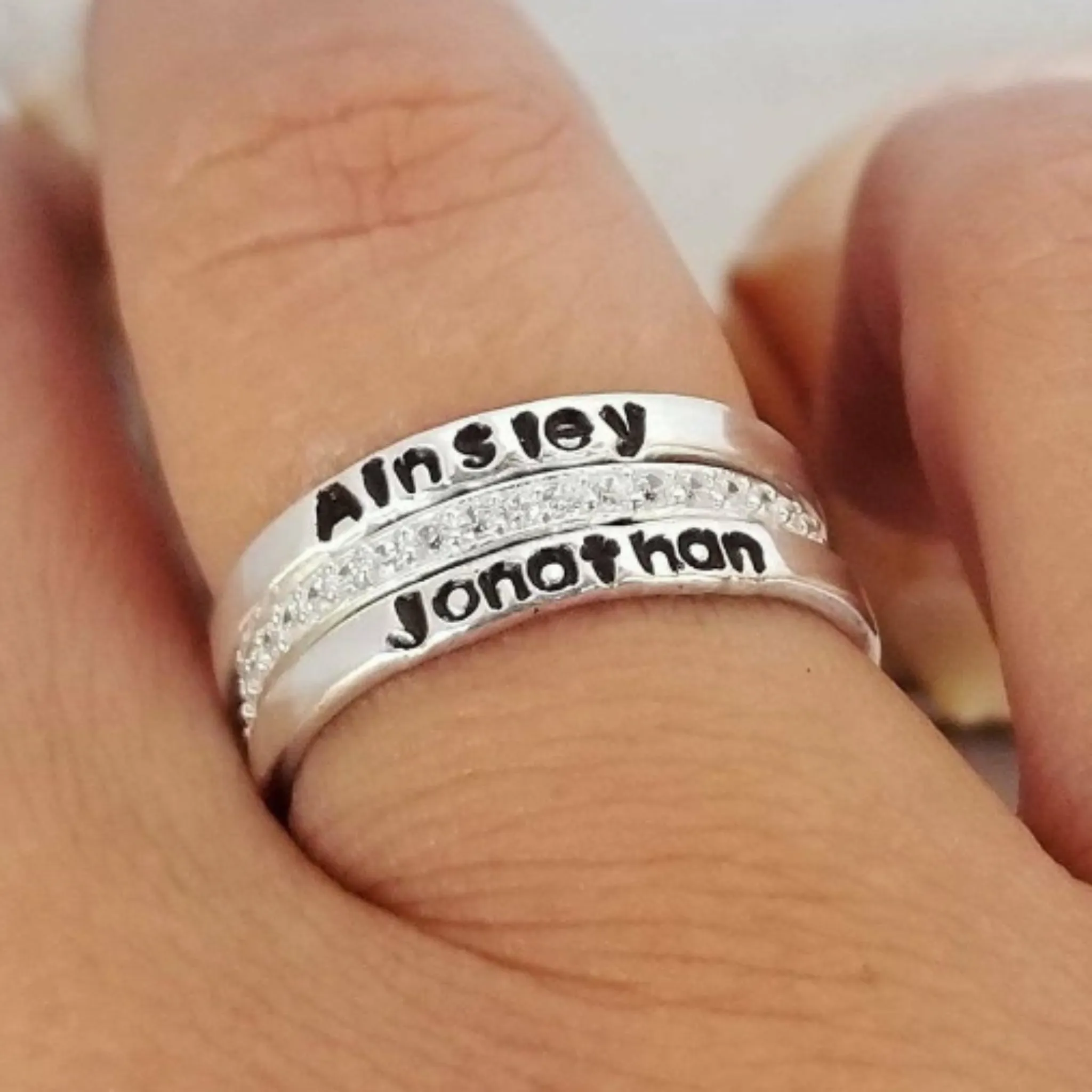 3pc Thin Name Ring and CZ Stacking Set - Sterling Silver