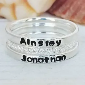 3pc Thin Name Ring and CZ Stacking Set - Sterling Silver