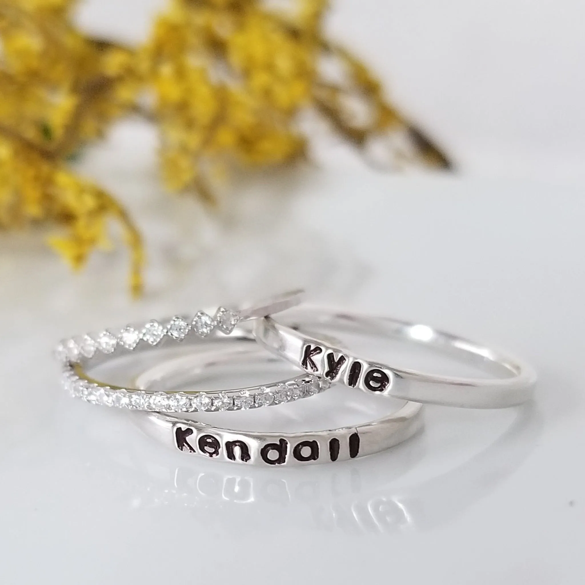 3pc Thin Name Ring and CZ Stacking Set - Sterling Silver