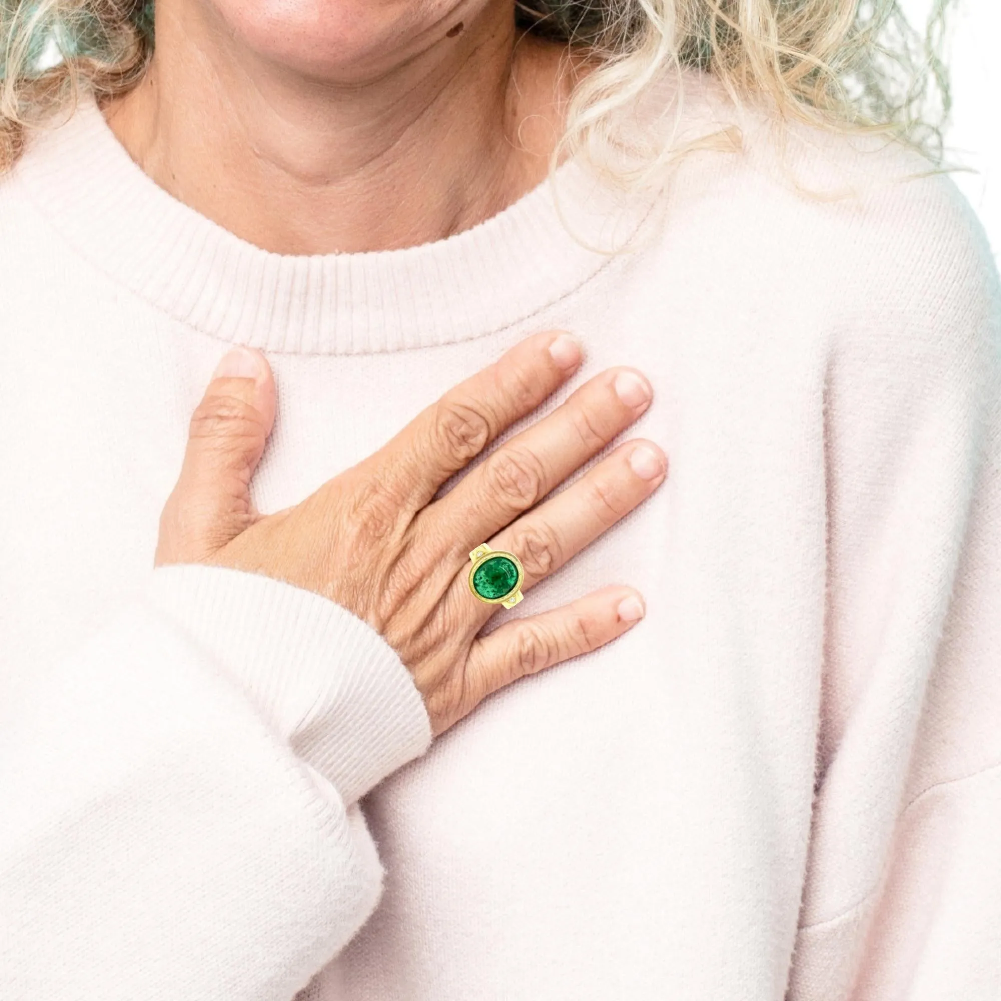 5.08 Carat Emerald Cabochon, Diamond Yellow Gold Bezel Dome Signet Band Ring