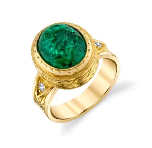 5.08 Carat Emerald Cabochon, Diamond Yellow Gold Bezel Dome Signet Band Ring