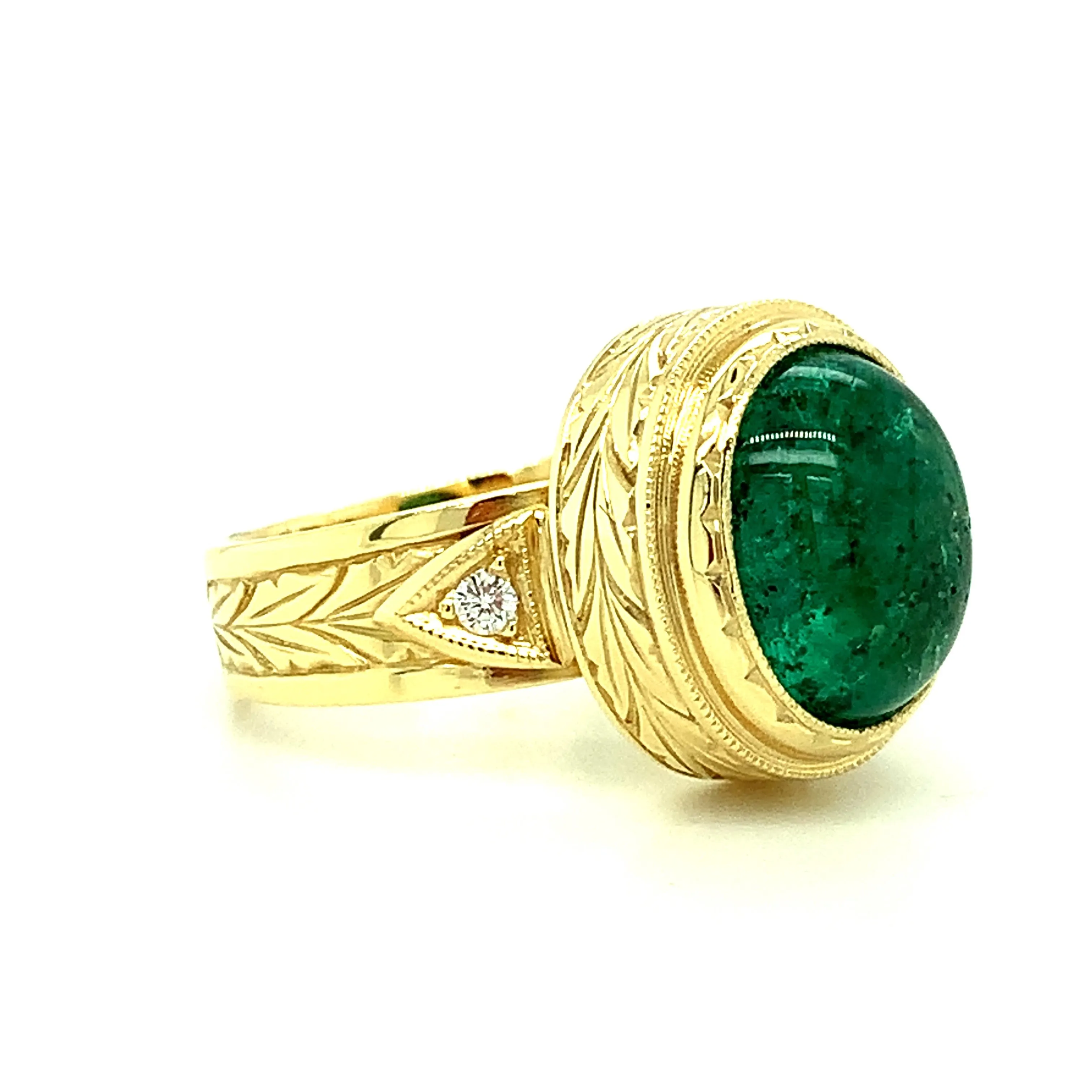 5.08 Carat Emerald Cabochon, Diamond Yellow Gold Bezel Dome Signet Band Ring