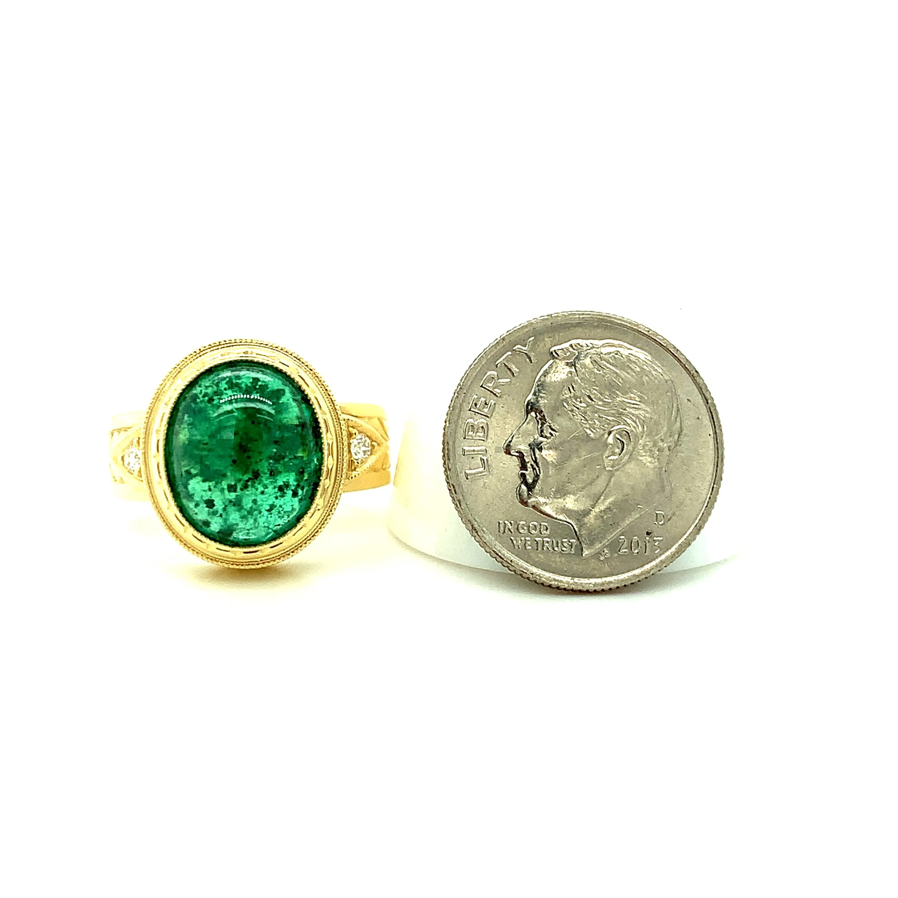 5.08 Carat Emerald Cabochon, Diamond Yellow Gold Bezel Dome Signet Band Ring