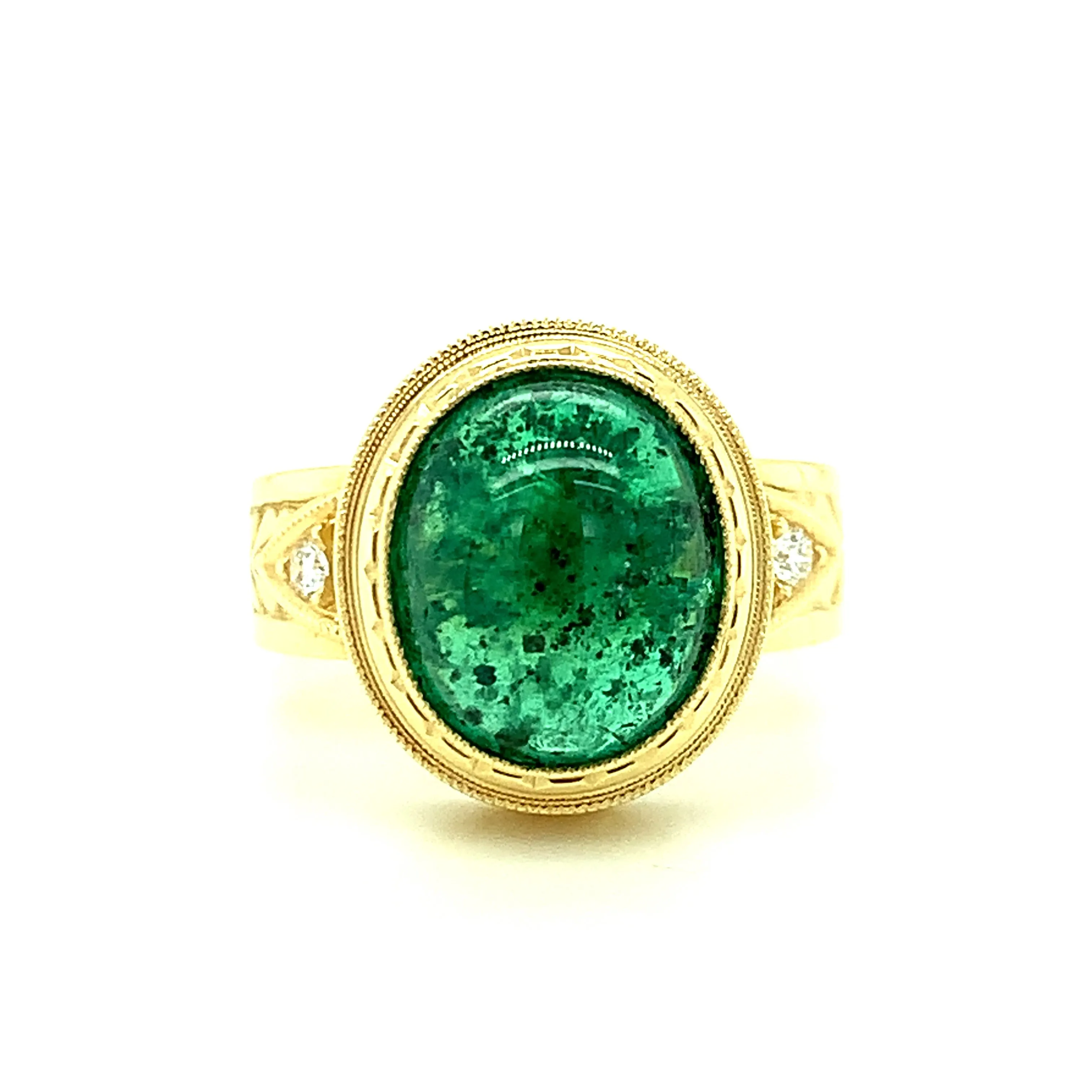 5.08 Carat Emerald Cabochon, Diamond Yellow Gold Bezel Dome Signet Band Ring