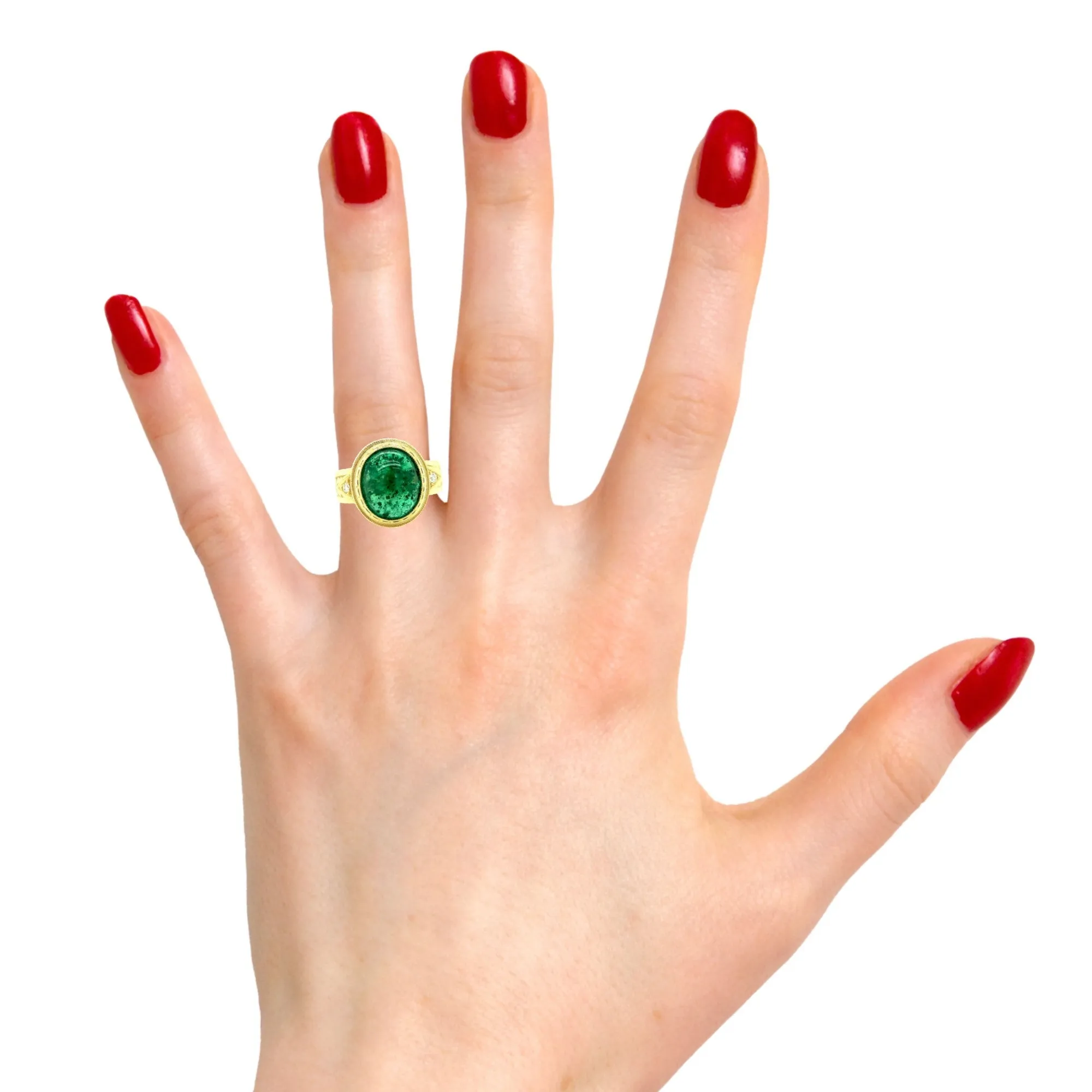 5.08 Carat Emerald Cabochon, Diamond Yellow Gold Bezel Dome Signet Band Ring