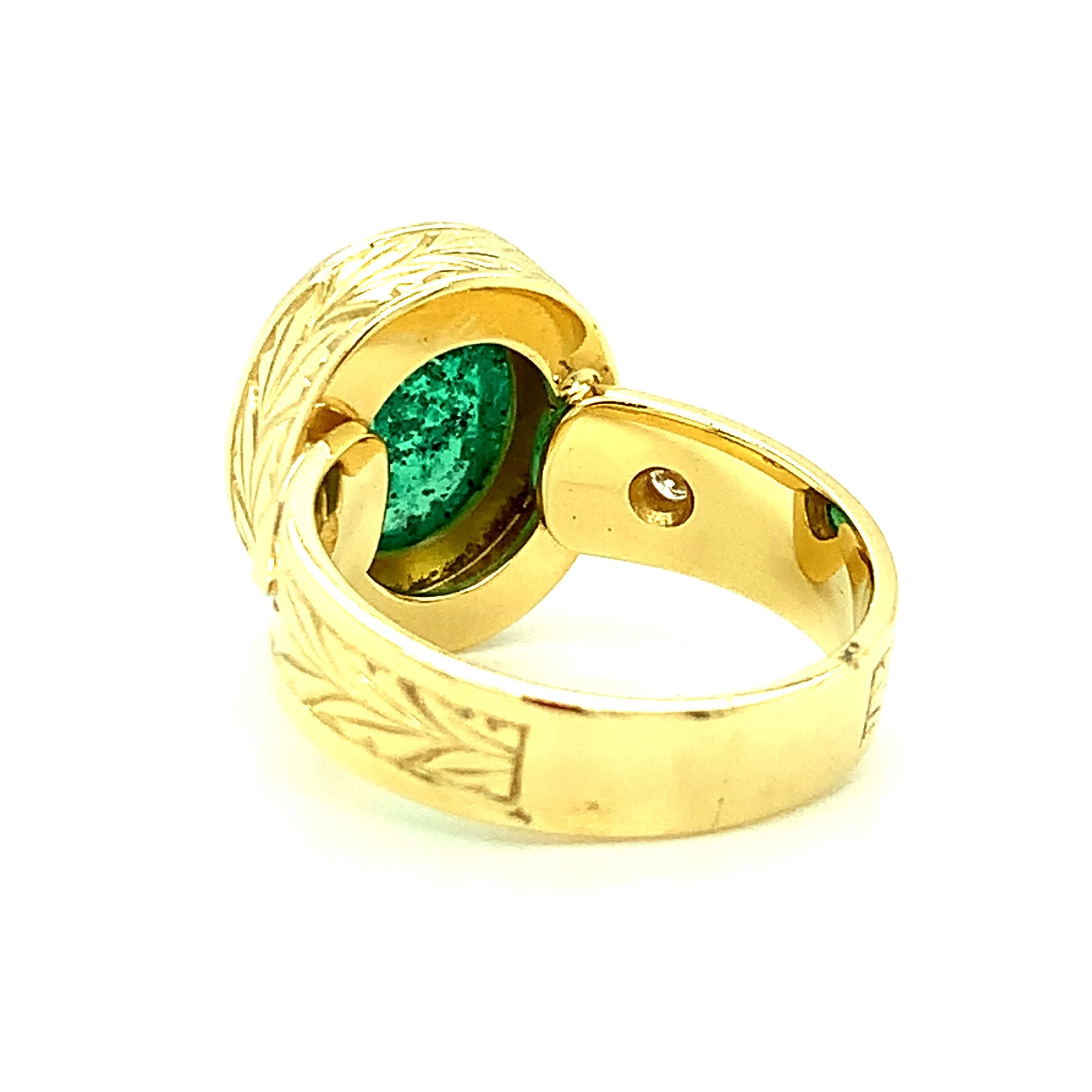 5.08 Carat Emerald Cabochon, Diamond Yellow Gold Bezel Dome Signet Band Ring