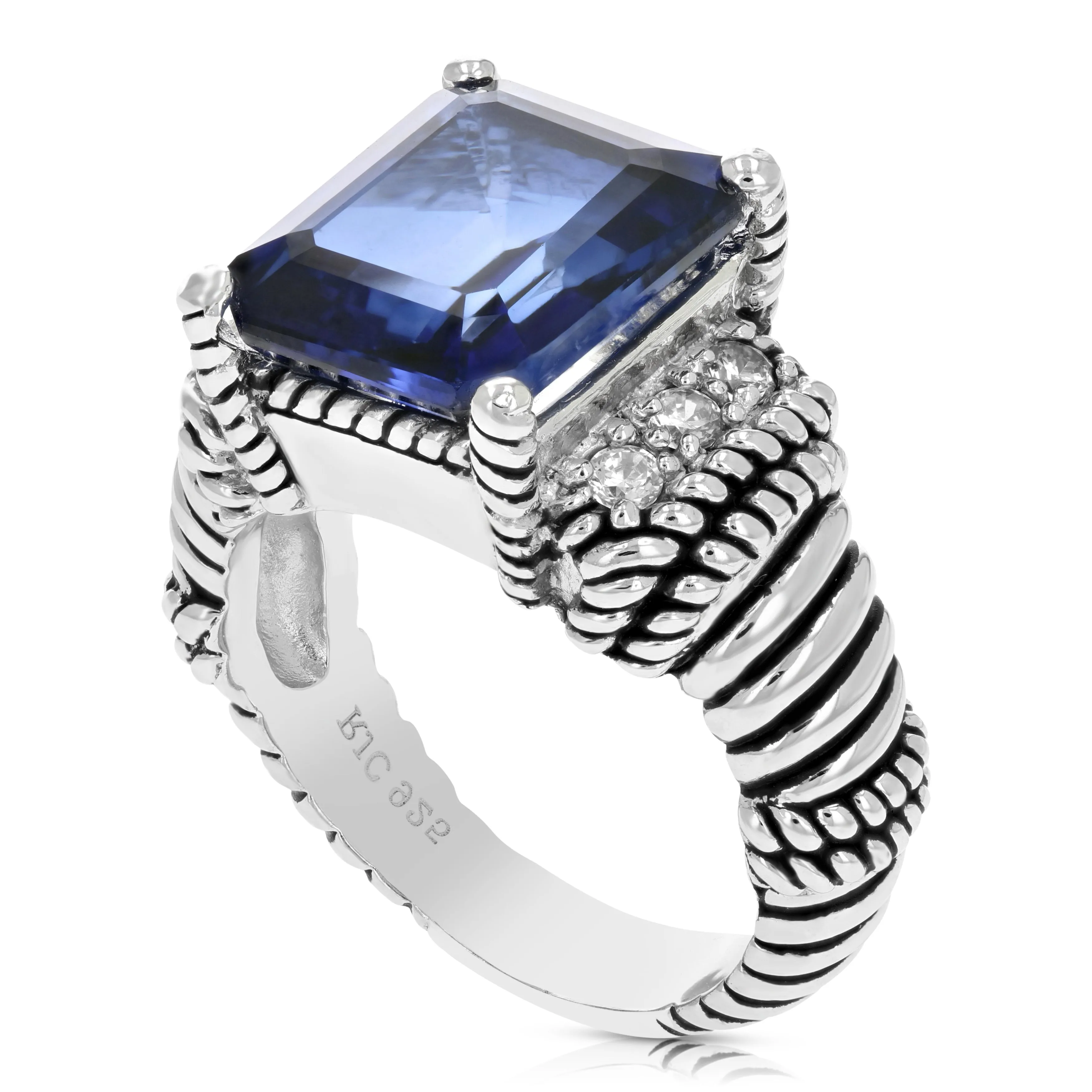 6 cttw Created Blue Sapphire Ring .925 Sterling Silver Emerald 12x10 MM Size 7