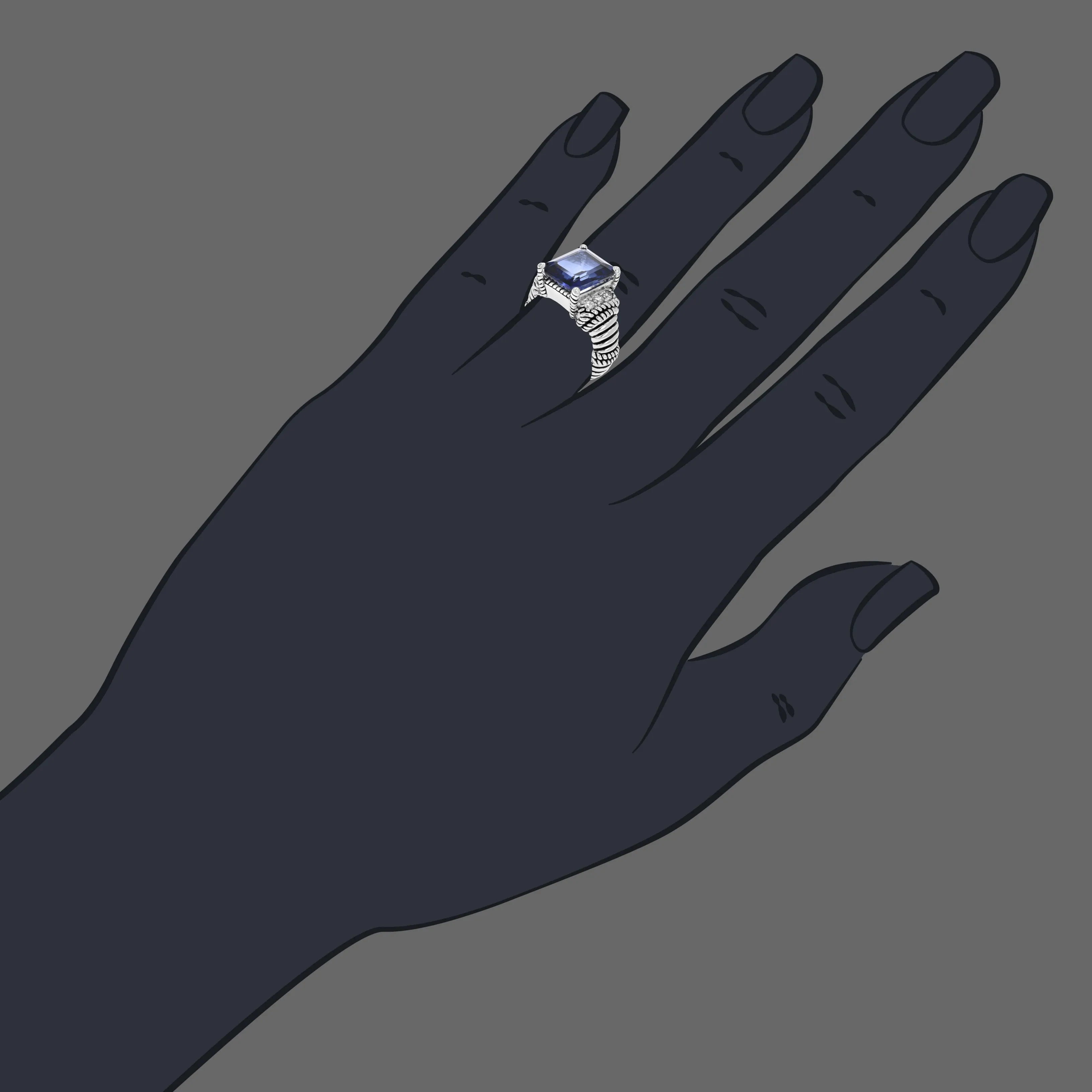 6 cttw Created Blue Sapphire Ring .925 Sterling Silver Emerald 12x10 MM Size 7