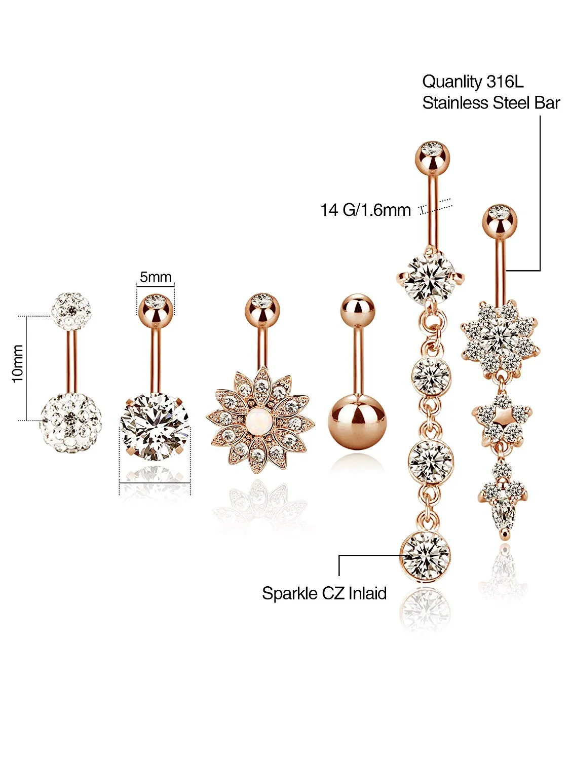 6 pcs 14G Stainless Steel Belly Button Rings Navel Curved Barbell Piercing
