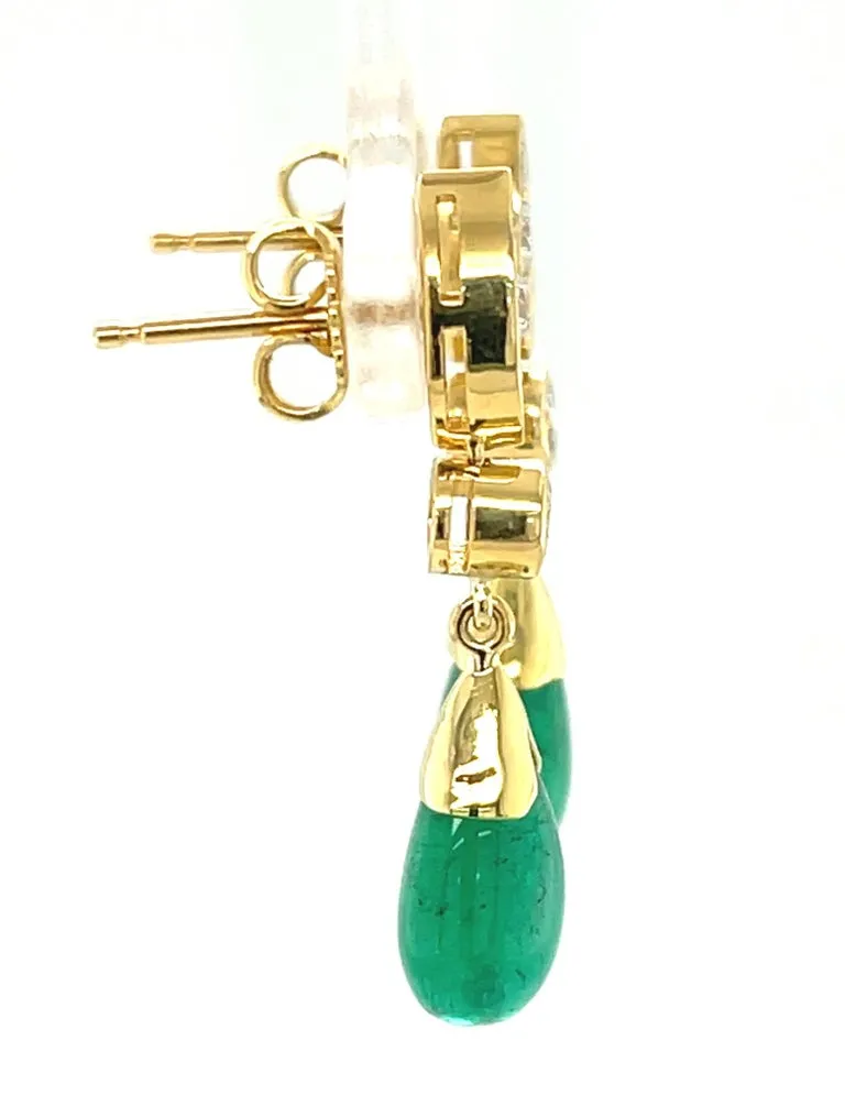 6.83 Carat Total  Diamond and Emerald Drop Yellow Gold Dangle Post Earrings