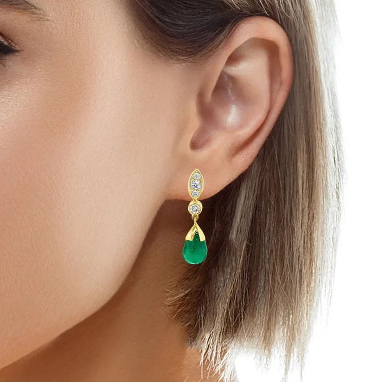 6.83 Carat Total  Diamond and Emerald Drop Yellow Gold Dangle Post Earrings