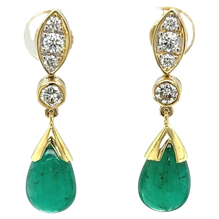 6.83 Carat Total  Diamond and Emerald Drop Yellow Gold Dangle Post Earrings