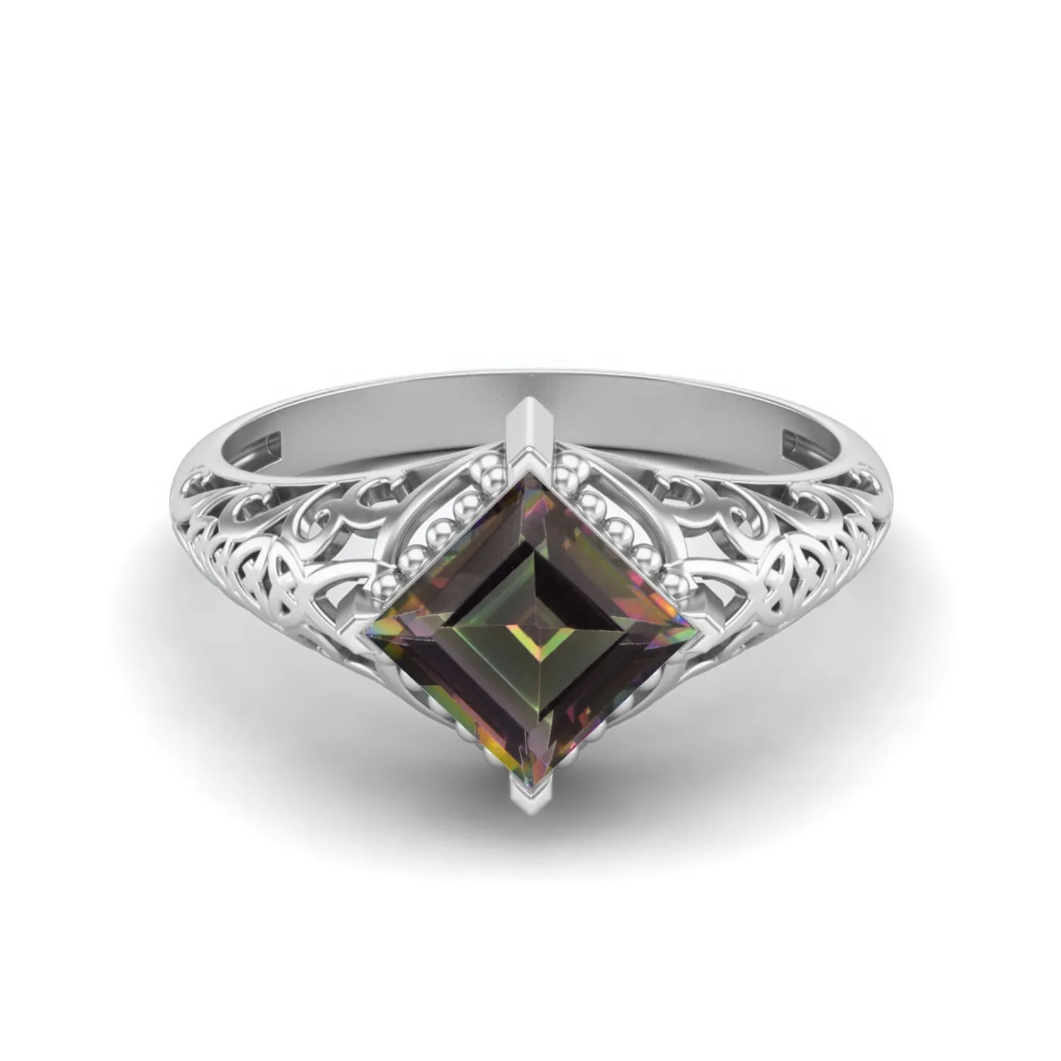 6x6mm Square Shaped Mystic Topaz Bridal Ring Art Deco Filigree Style Ring