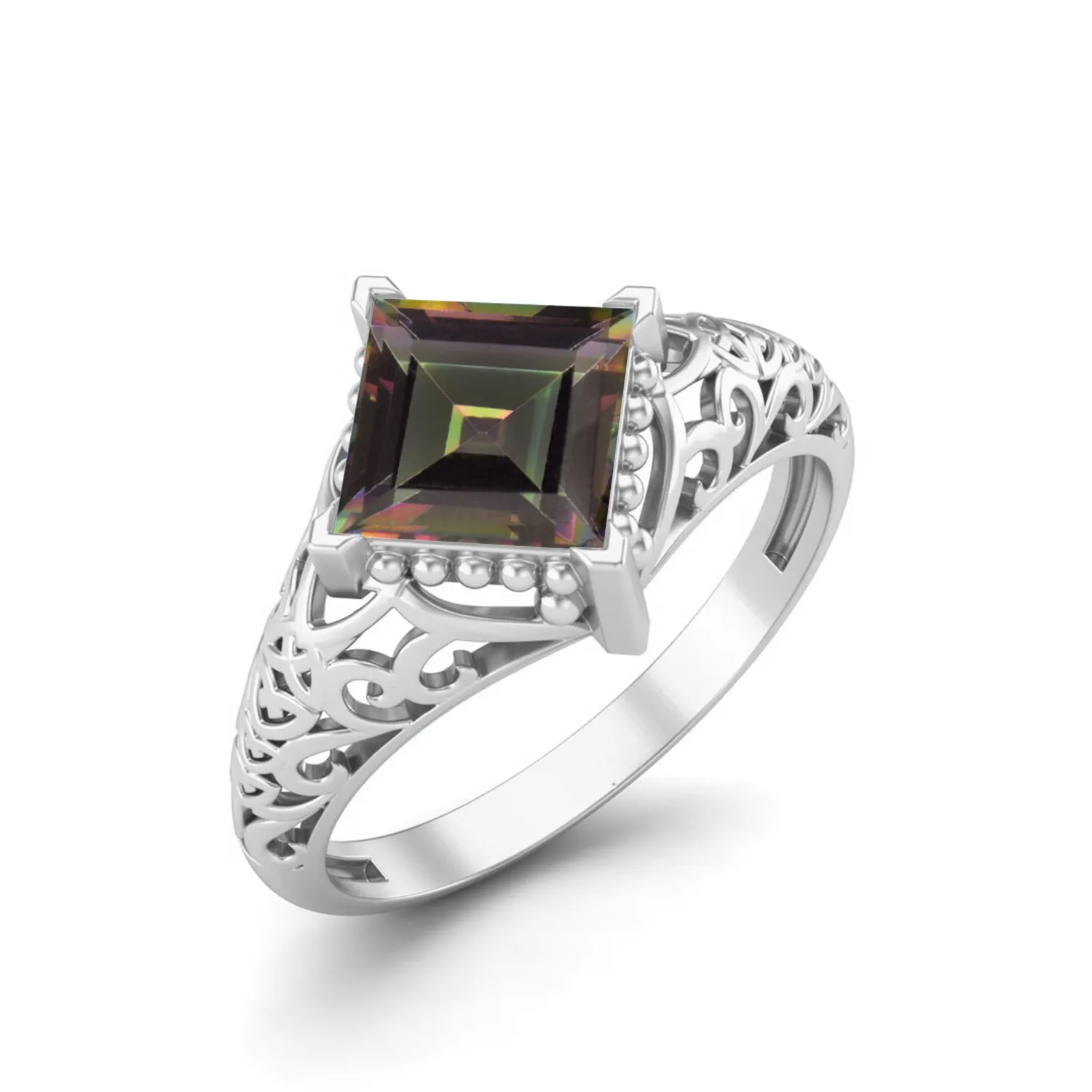 6x6mm Square Shaped Mystic Topaz Bridal Ring Art Deco Filigree Style Ring