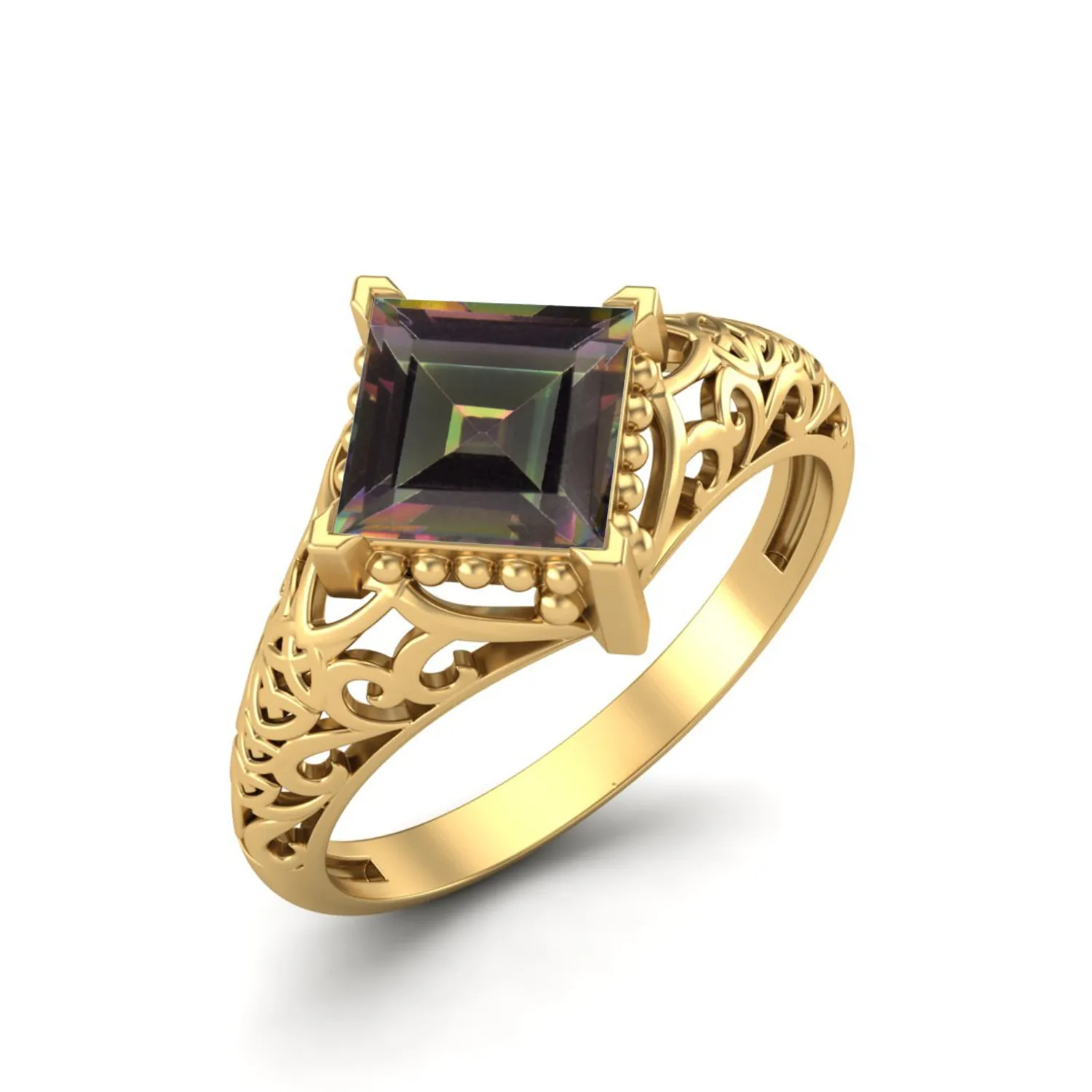 6x6mm Square Shaped Mystic Topaz Bridal Ring Art Deco Filigree Style Ring