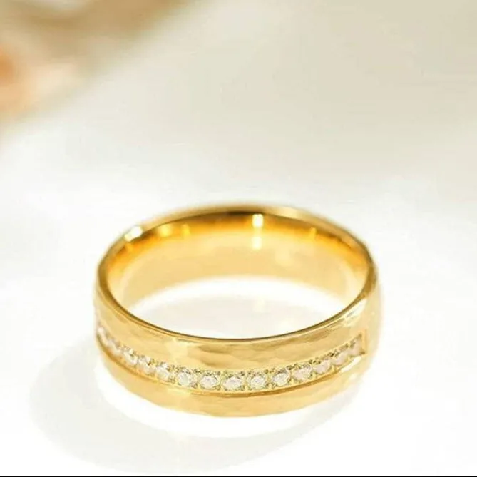 8mm Half Eternity Diamond Hammered Wedding Band