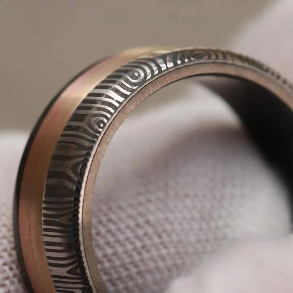 8mm wide Rose Yellow Gold damasteel stainless damascus Zirconium ring 14k or 18k customizable ring mens wedding bands Gold rings