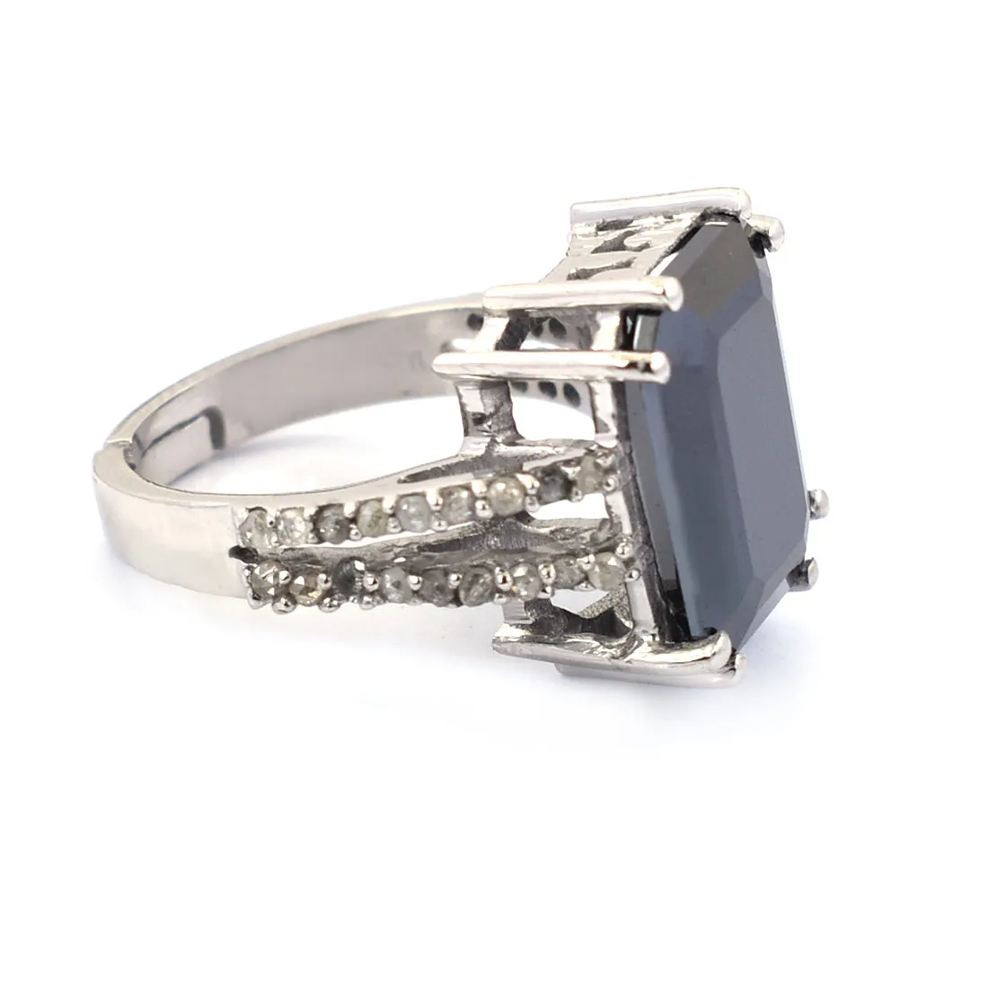 9.15 Ct Emerald Cut Black Diamond Designer Ring with Diamond Accents, Very Elegant & Great Sparkle