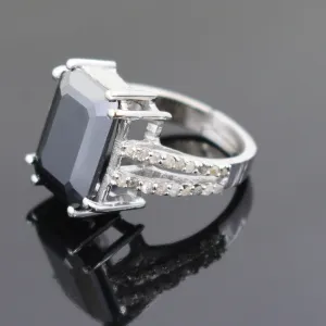 9.15 Ct Emerald Cut Black Diamond Designer Ring with Diamond Accents, Very Elegant & Great Sparkle